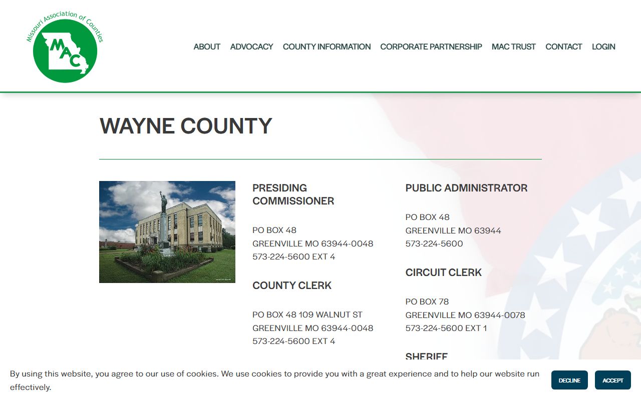 Wayne County inmate population Missouri Association of Counties contact directory